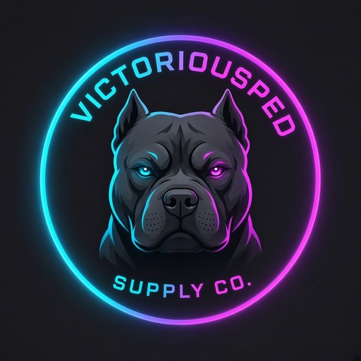 VictoriousPed Supply Co. store badge: neon bully dog head in a round cyan-to-magenta ring